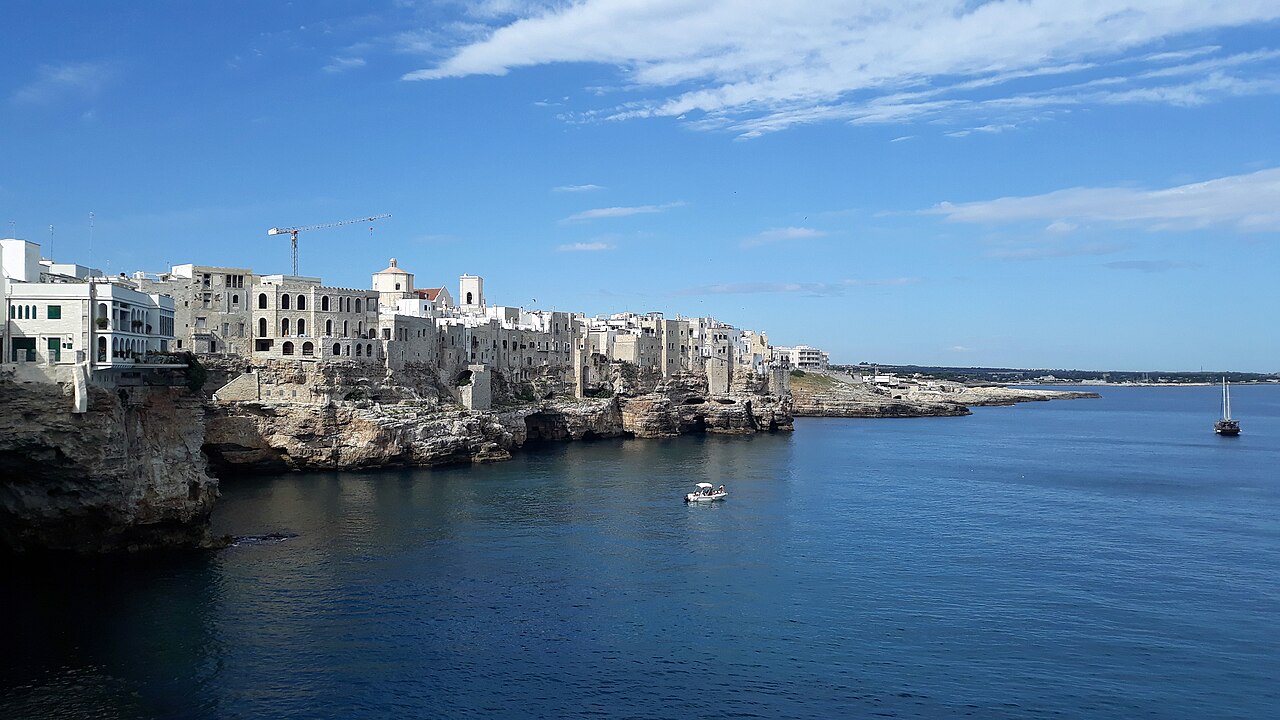 Panorama view of Polignano a Mare and Adriatic Sea in September 2019